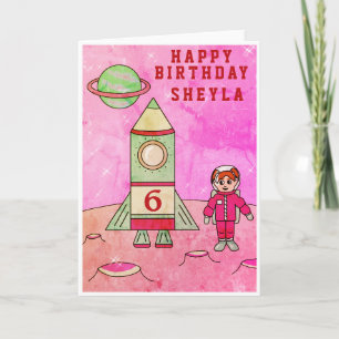 Carte Fille astronaute Lune dans l'espace Joyeux anniver