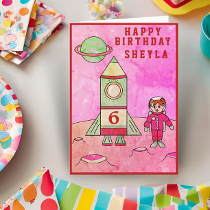 Carte Fille astronaute Lune dans l'espace Joyeux anniver