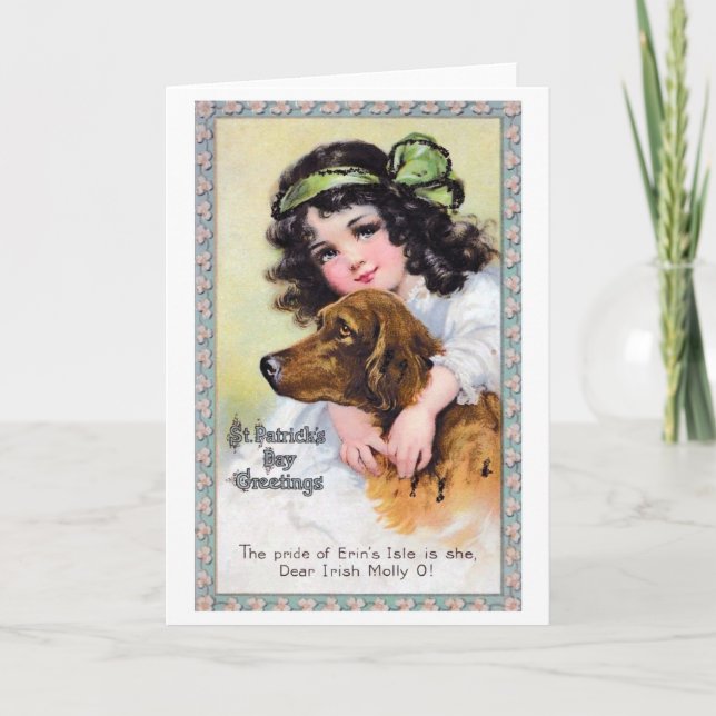 Carte Fille au chien Setter Irlandais, Saint Patrick's D (Devant)