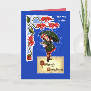 Carte Fille au parapluie de Noël dans la neige pour sœur