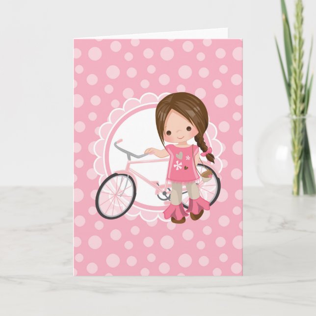 Carte Fille au vélo brun - Rose blanc (Devant)