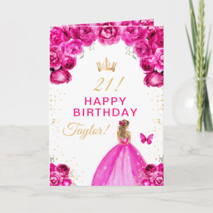 Carte Fille aux cheveux blonds avec fleurs roses Joyeux