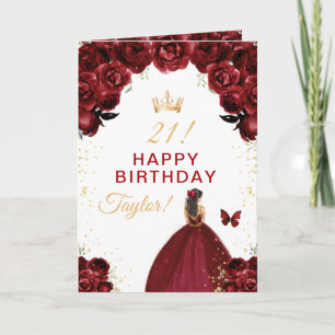 Carte Fille aux cheveux de brune aux fleurs rouge foncé