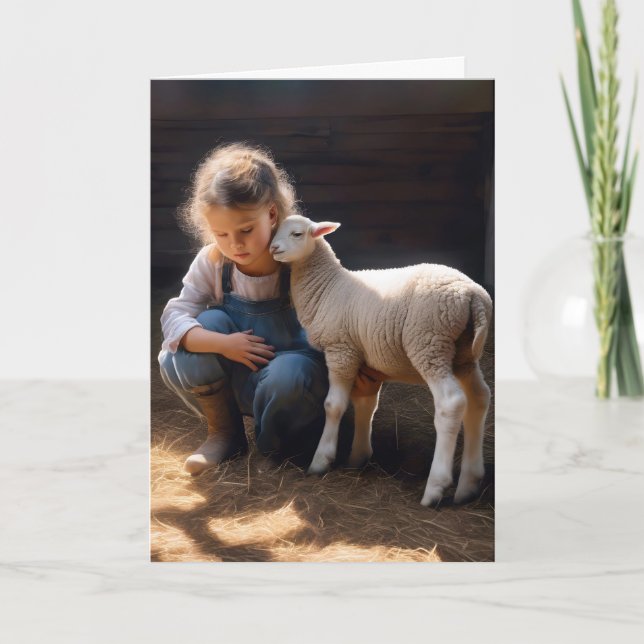 Carte Fille Avec Agneau Bébé Pour Anniversaire (Devant)