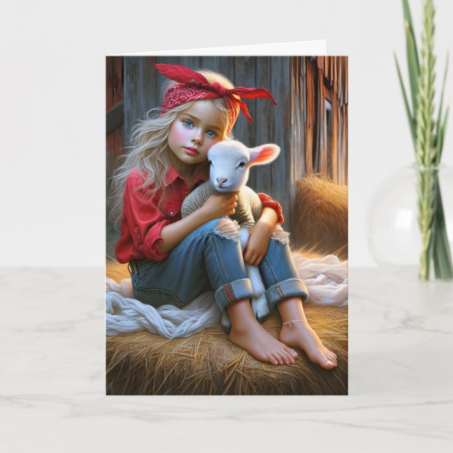 Carte Fille Avec Agneau Bébé Pour Anniversaire (Devant)