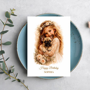 Carte Fille avec chiot Bouledogue Français