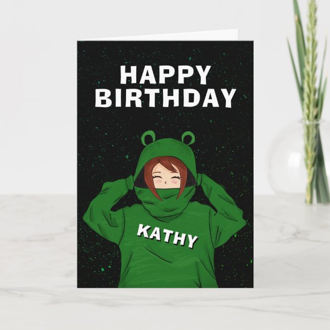 Carte Fille avec grenouille verte Hoody Dessin Anniversa (Devant)