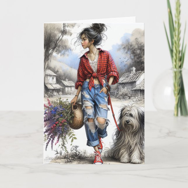 Carte Fille avec panier Fleur sauvage pour l'anniversair (Devant)
