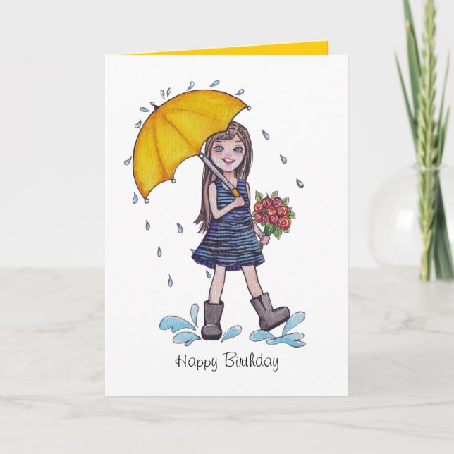 Carte Fille Avec Parapluie Jaune En Aquarelle (Devant)