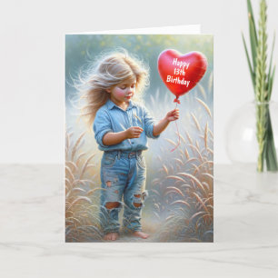 Carte Fille avec un ballon de coeur pour 13e anniversair
