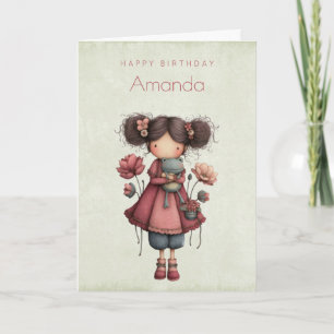 Carte Fille avec une poupée grenouille Mignon Anniversai