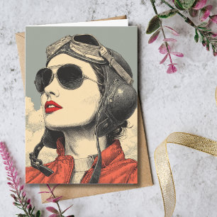 Carte Fille Aviatrice Anniversaire Vintage Rétro