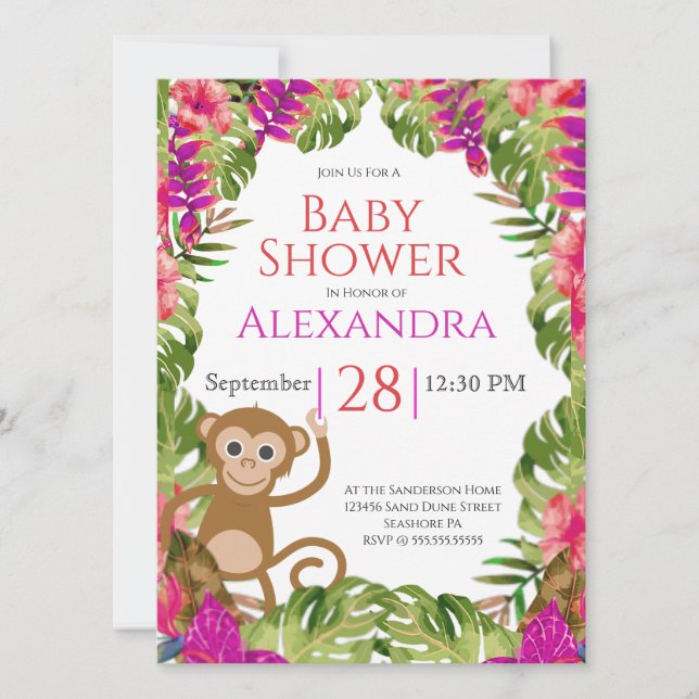 Carte Fille Baby shower singe rose faune tropicale (Devant)