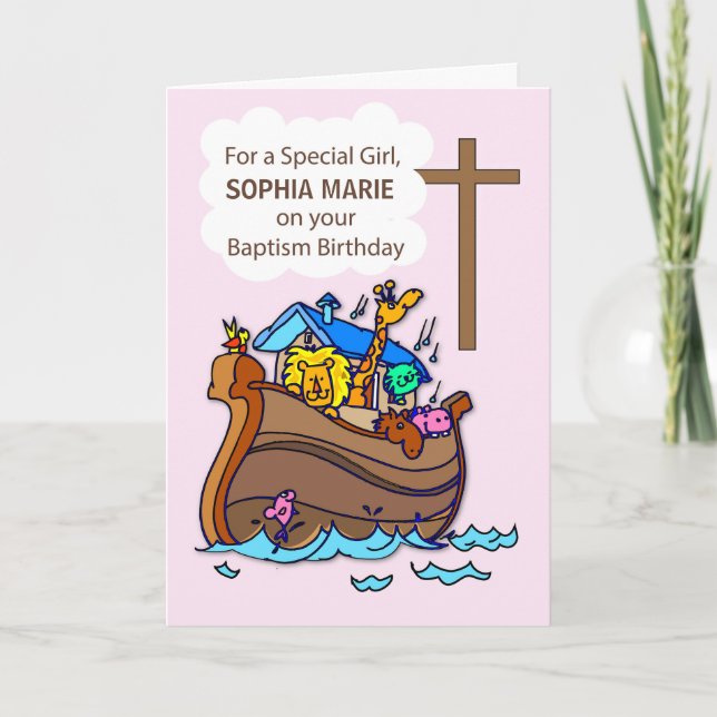 Carte Fille Baptême Anniversaire avec Noahs Ark sur rose (Devant)