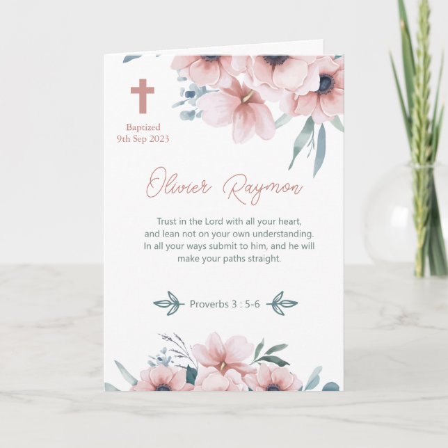 Carte Fille Baptême Jolie Fleurs Roses (Devant)