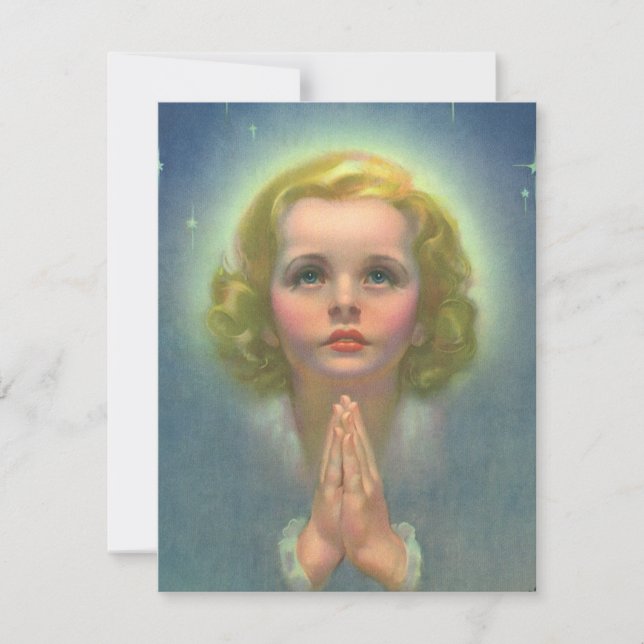 Carte Fille blonde angélique avec halo et étoiles priant (Devant)