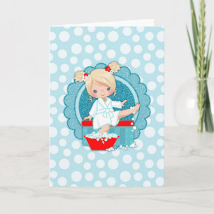 Carte Fille blonde de Spa Bulles Turquoise Rouge Blanc