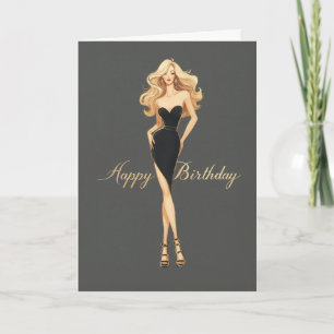 Carte Fille Blonde Robe Noire Glamour Fashionista Fête
