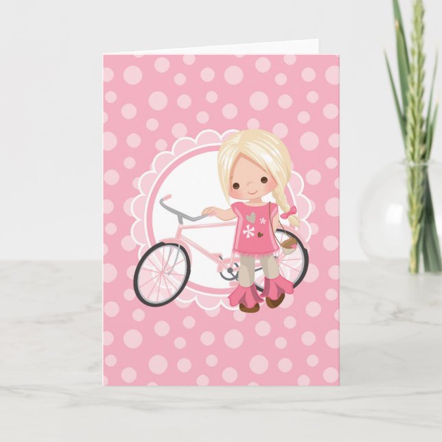 Carte Fille blonde sur bicyclette - Rose Blanc (Devant)