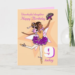 Carte Fille cheveux foncés ballerine anniversaire pêche 