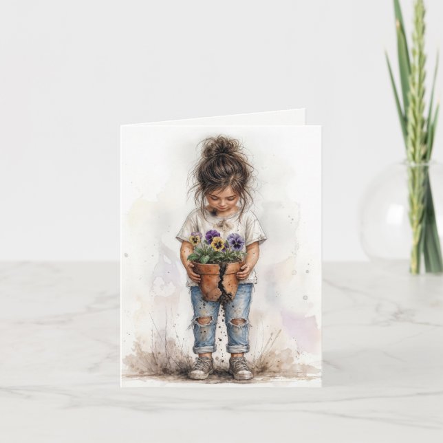 Carte Fille d'anniversaire avec des pensées dans un pot  (Devant)
