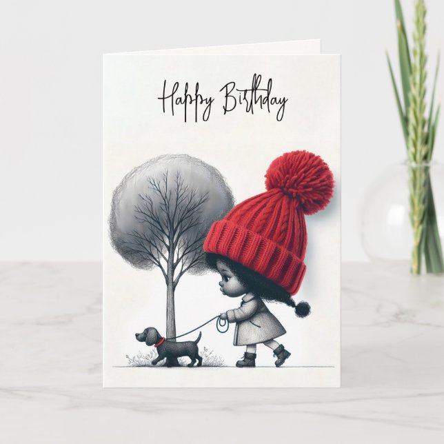 Carte Fille d'anniversaire marchant son chien (Devant)