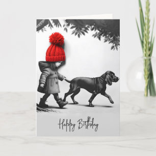 Carte Fille d'anniversaire marchant son chien