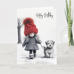 Carte Fille d'anniversaire marchant son chien