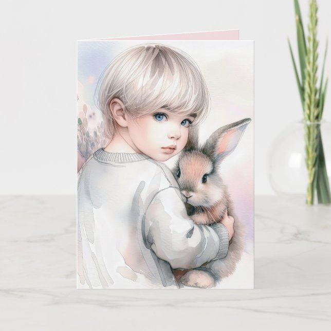 Carte Fille d'anniversaire tenant un lapin d'animal (Devant)