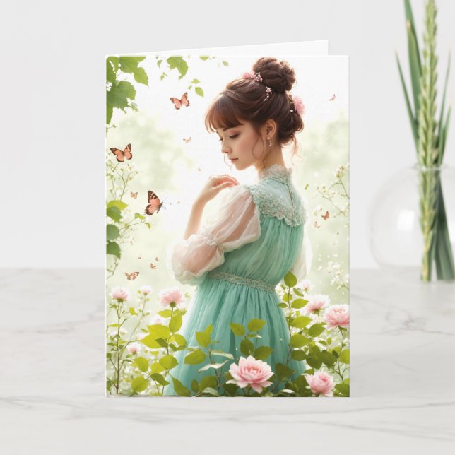 Carte Fille Dans Le Jardin Rose (Devant)
