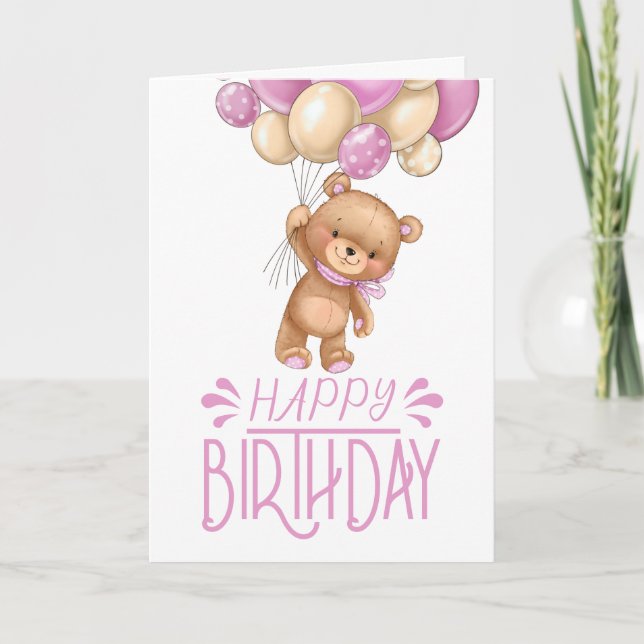 carte fille de ballon rose en peluche (Devant)