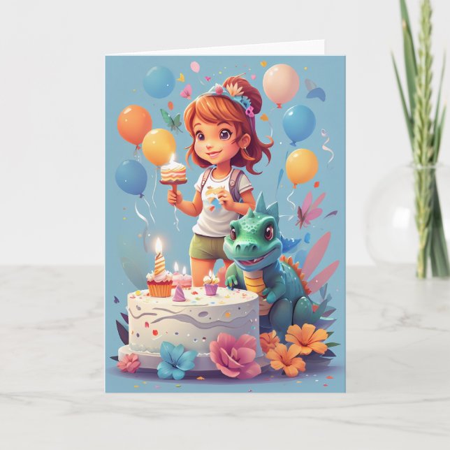 Carte Fille de dessin animé avec gâteau d'anniversaire e (Devant)