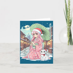Carte Fille de kimono d'anime Noël Japon Chat Xmas Japon