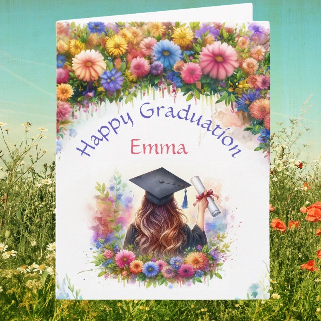 Carte Fille de la remise des diplômes heureuse avec des  (Wildly blooming success: From cap to gown, a floral graduation tale!)