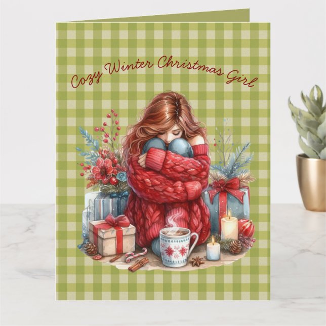 Carte Fille de Noël d'hiver cosy en olive vert salutatio (Petite plante)