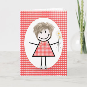 Carte Fille de stick figure d'anniversaire sur gingham r