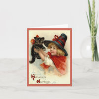 Fille des vœux d'Halloween avec chat noir vintage