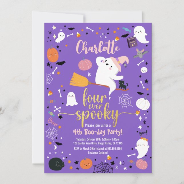 Carte Fille Éffrayante 4 anniversaire fête d'Halloween (Devant)