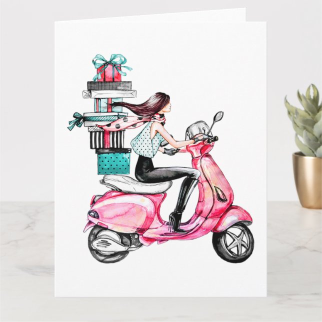 Carte Fille en scooter avec cadeaux de Noël (Petite plante)