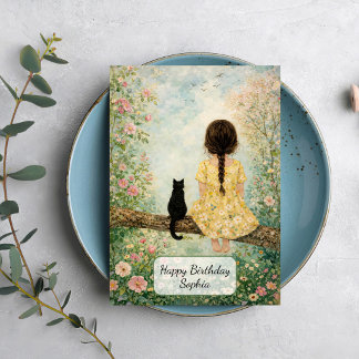 Carte Fille et chat dans un jardin printanier