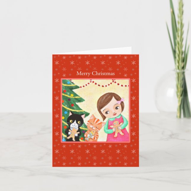 Carte Fille et chats avec homme en pain d'épices Noël do (Devant)