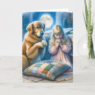 Carte Fille et Golden Retriever priant de penser à vous