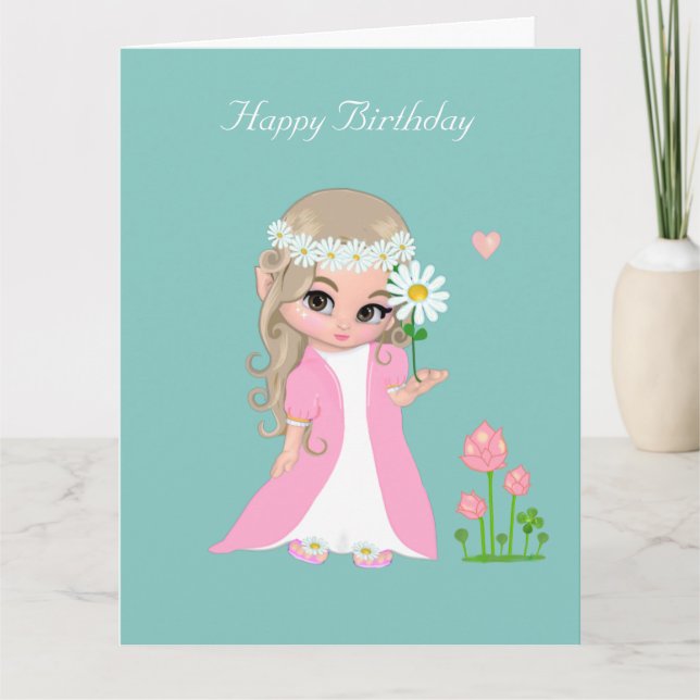 Carte Fille fée mignonne avec fleur sur bleu clair Anniv (Devant)