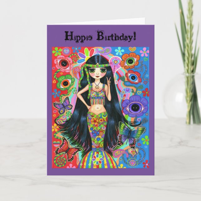 Carte Fille Hippie Sirène Signe de Paix Psychédélique Mi (Devant)
