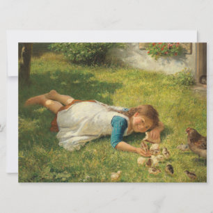 Carte Fille Jouer avec des poules (poule et poulet)