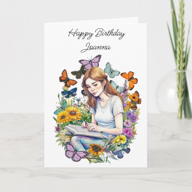 Carte Fille, Journal, Papillons Anniversaire Personnalis (Devant)