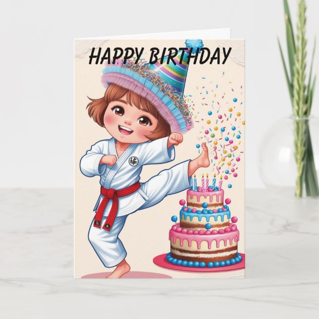 Carte Fille Kawii donnant un coup de pied dans un gâteau (Devant)
