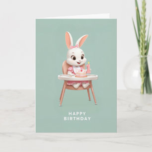Carte Fille Lapin Bébé dans Chaise Haute Gâteau de 1er A