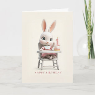 Carte Fille Lapin Bébé dans Chaise Haute Gâteau de 1er A