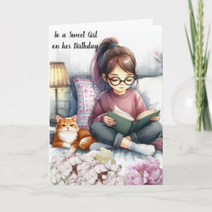 Carte Fille Lecture Livres et Chat Anniversaire